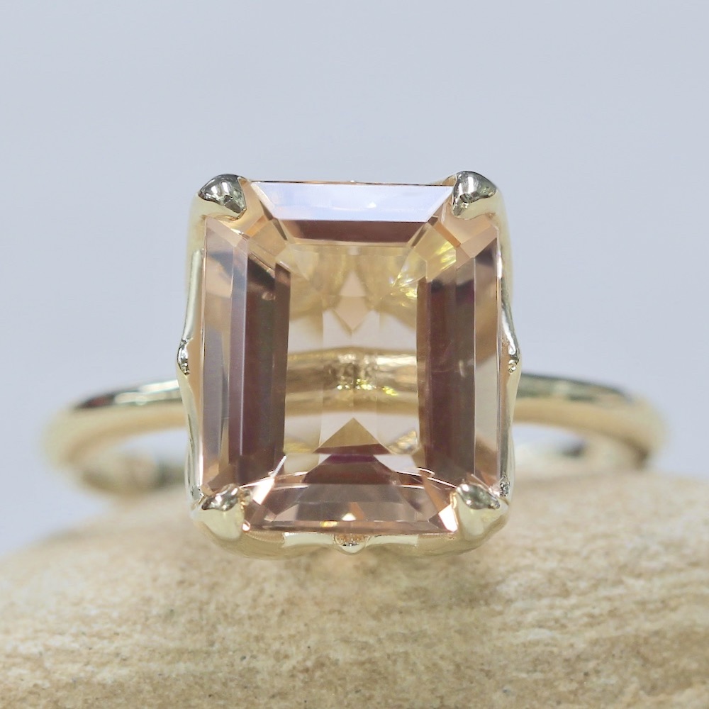 Emerald Cut Morganite Engagement Ring Front 14k Yellow Gold LS6099