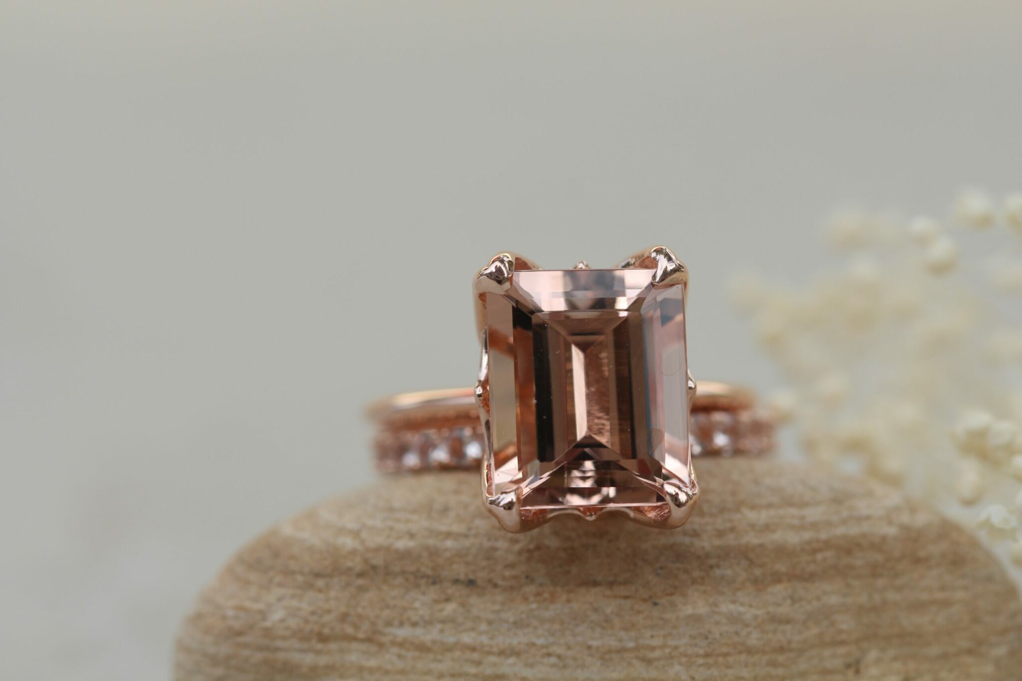 Custom emerald cut Lily Collection morganite ring and band - Image 3