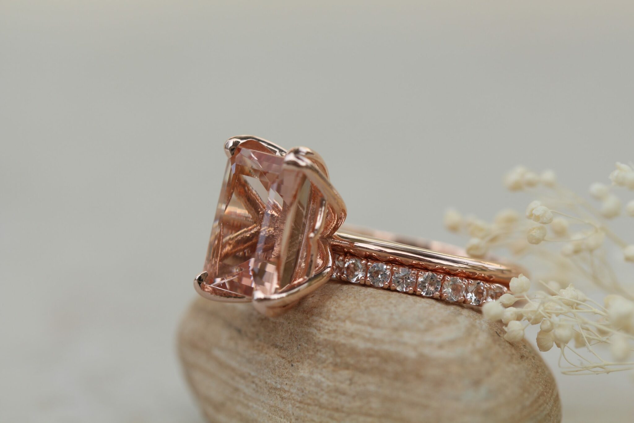Custom emerald cut Lily Collection morganite ring and band - Image 2