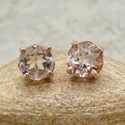 Natural Round Cut Peachy Pink Morganite Gem Earrings Rose Gold LS5686