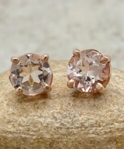 Natural Round Cut Peachy Pink Morganite Gem Earrings Rose Gold LS5686
