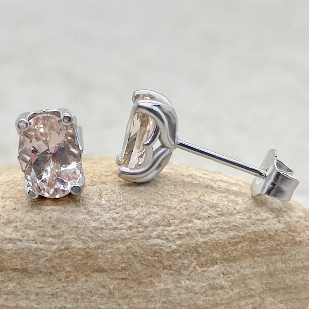 Oval Cut Morganite Earrings Flower Prongs White Gold Platinum LS6173