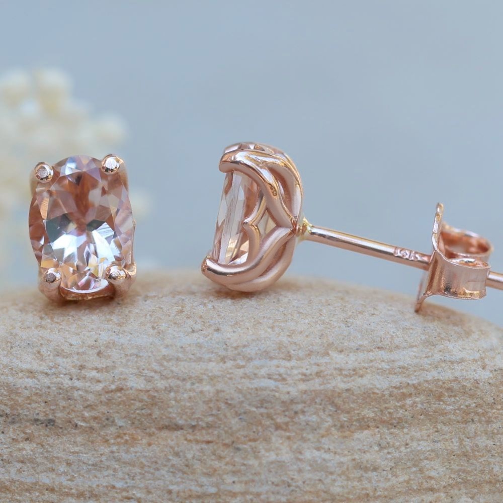 Oval Cut Morganite Studs Petal Prongs Front 14k Rose Gold LS6173
