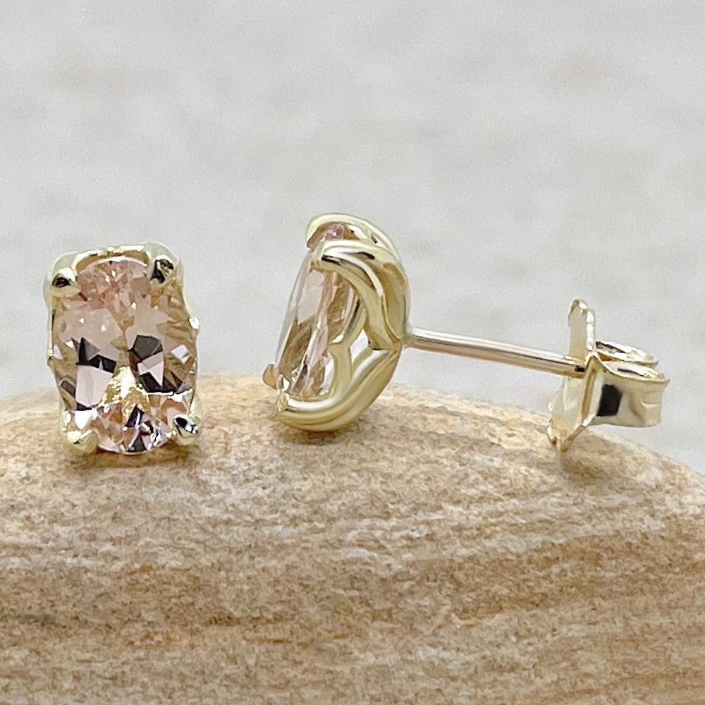 Oval Cut Peach Morganite Earrings Lily Petal Prongs Yellow Gold LS6173