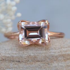 Peachy Pink East West Set Emerald Cut Engagement Ring Rose Gold LS6115