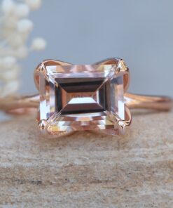 Peachy Pink East West Set Emerald Cut Engagement Ring Rose Gold LS6115