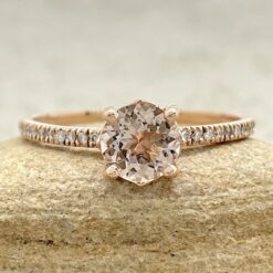 Thin Diamond Shank Peachy Morganite Engagement Ring Rose Gold LS5130