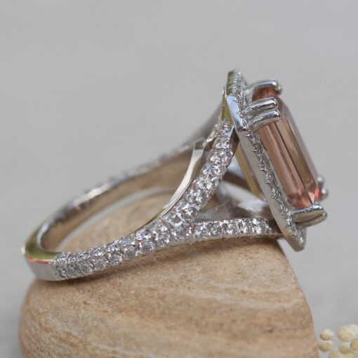 French Pave Emerald Cut Morganite Ring in 18k white gold LS6177