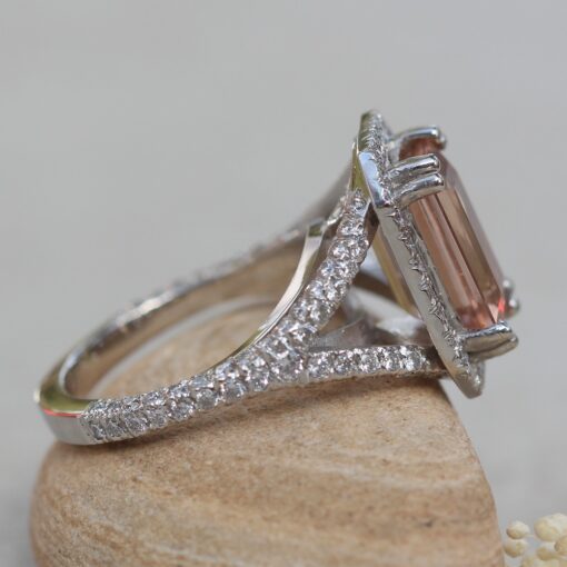 French Pave Emerald Cut Morganite Ring in Platinum LS6177