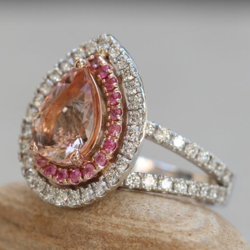 platinum pear morganite ring pink sapphire halo 18k white gold LS6190