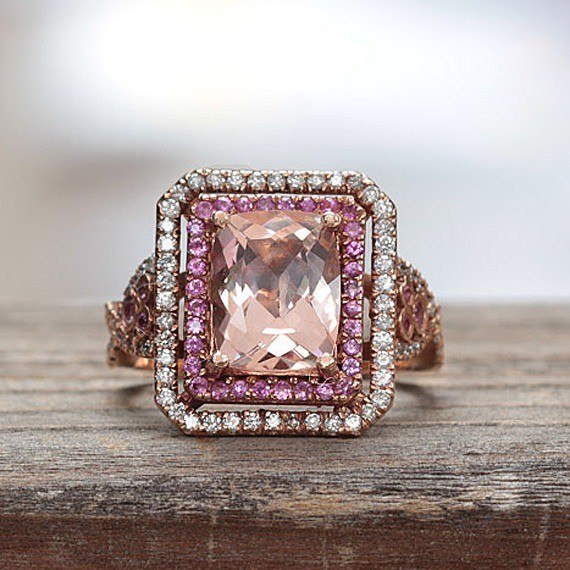 Cushion cut morganite, pink sapphire and diamond ring in 14k rose gold - Image 2