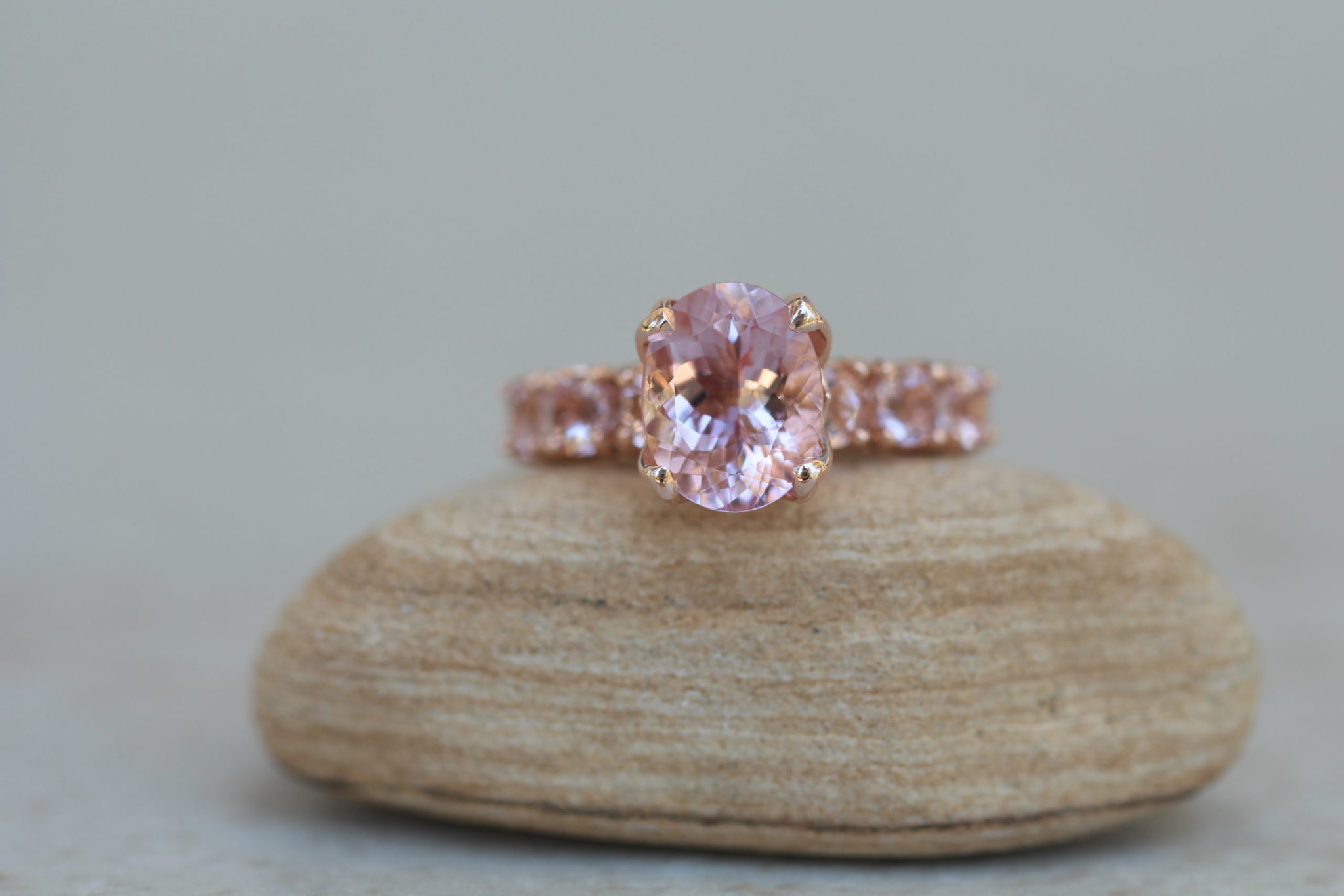 Pure pink oval morganite ring with pink morganite side stones half eternity - Image 2