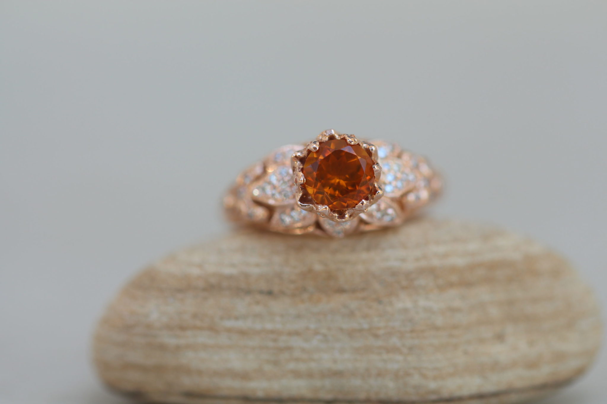Citrine and diamond lotus flower ring in rose gold - Image 2