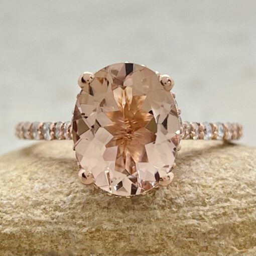 Morganite Ring Diamond Shank Beaded Filigree Basket Rose Gold LS6170