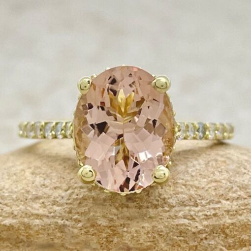 Morganite Ring Diamond Shank Beaded Filigree Basket Yellow Gold LS6170