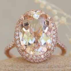 Oval Cut Double Halo Light Peachy Pink Morganite Ring Rose Gold LS6110