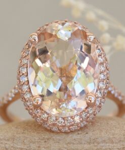 Oval Cut Double Halo Light Peachy Pink Morganite Ring Rose Gold LS6110