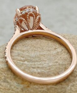 Oval Cut Peach Morganite Ring Beaded Flower Filigree Rose Gold LS6170