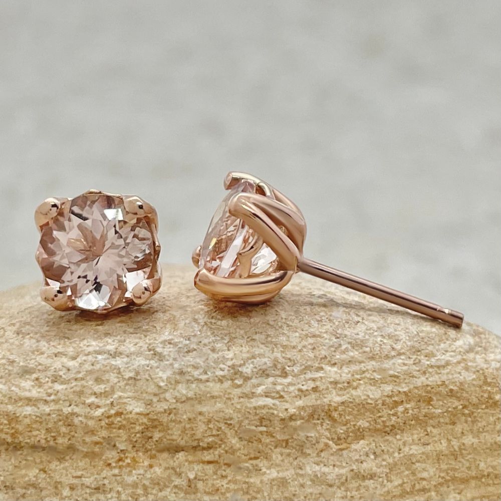Round Cut Peach Morganite Flower Petal Prong Earrings Rose Gold LS6183