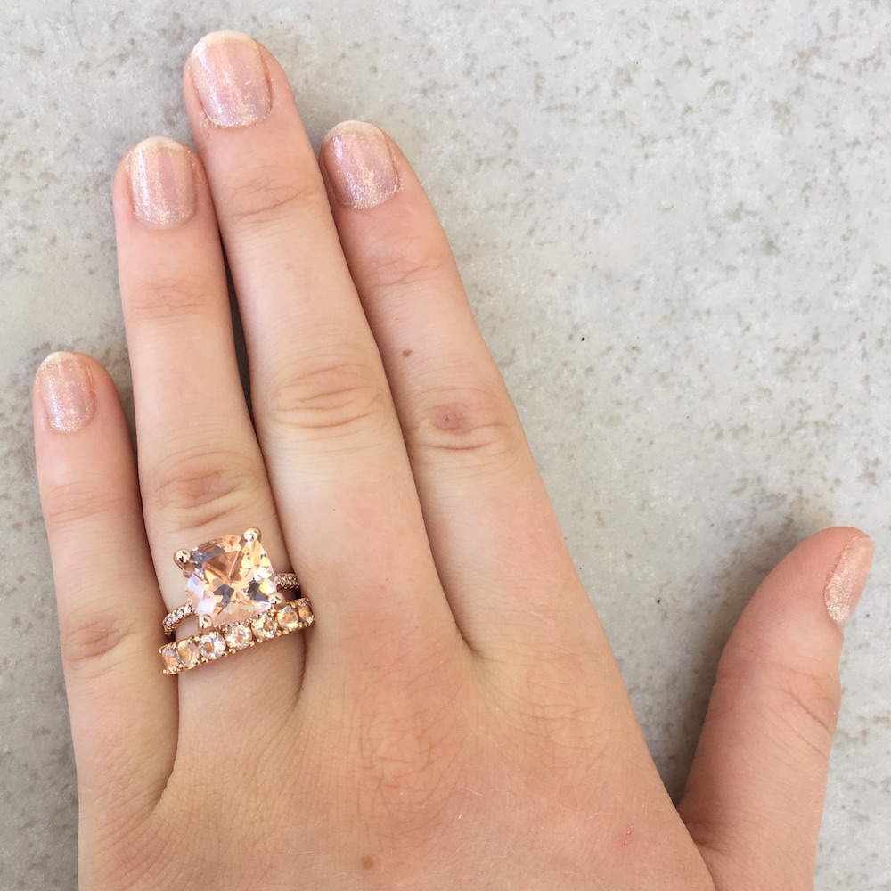 Cushion Morganite Engagement Ring and Band Hand Shot LS3770 LS5950