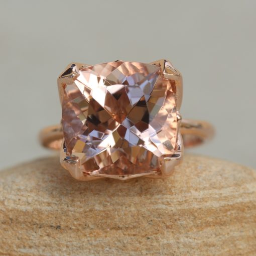 6 Carat Square Morganite Ring with 14k Rose Gold Lily Petals LS5867