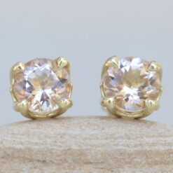 Solitaire Cute Round Peachy Pink Morganite Earrings Yellow Gold LS6286