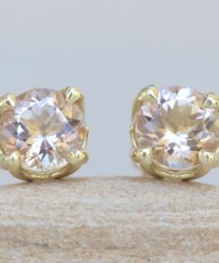 Solitaire Cute Round Peachy Pink Morganite Earrings Yellow Gold LS6286