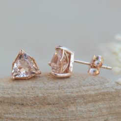 Handmade Trillion Morganite Earrings Studs in 14k Rose Gold LS5683