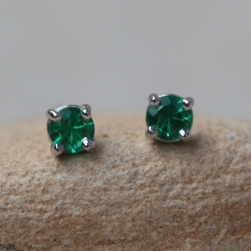 Dainty Emerald Stud Earrings Round Cut 3mm 18k White Gold LS6378
