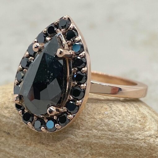 Genuine Pear Rose Cut Black Diamond Engagement Ring Rose Gold LS6379