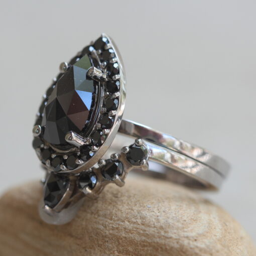 Pear Organic Black Diamond Engagement Ring White Gold Platinum LS6831
