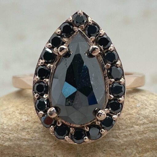 Pear Rose Black Diamond Engagement Ring Single Halo Rose Gold LS6379