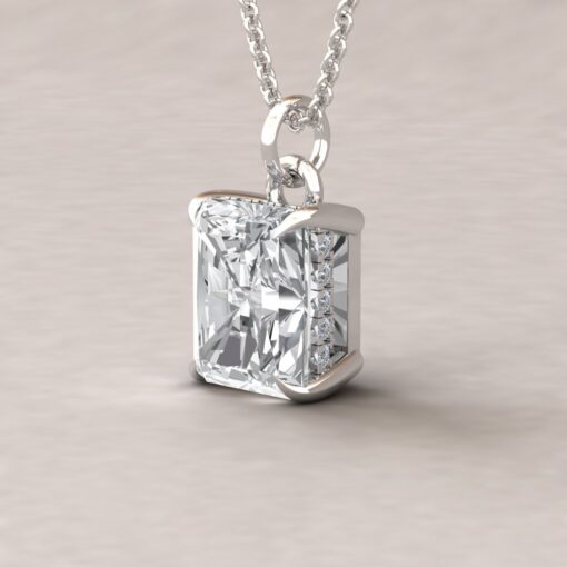 Radiant IGI Lab Diamond Side Halo Necklace White Gold Platinum LS5631