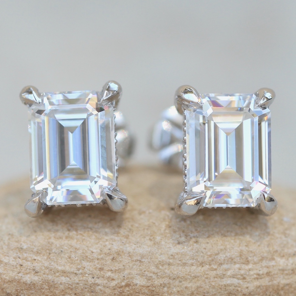 Emerald Cut Lab Diamond Moissanite Earrings White Gold Platinum LS5620