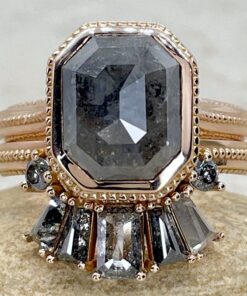 Emerald Cut Salt and Pepper Diamond Ring Crown Band Rose Gold LS6416