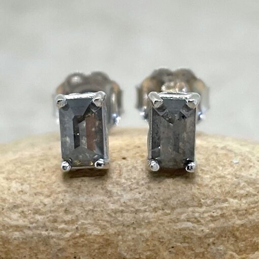 Emerald Cut Salt and Pepper Diamond Studs White Gold Platinum LS6539