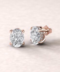 Oval Cut Lab Diamond Earrings Hidden Halo Claw Prongs Rose Gold LS5618