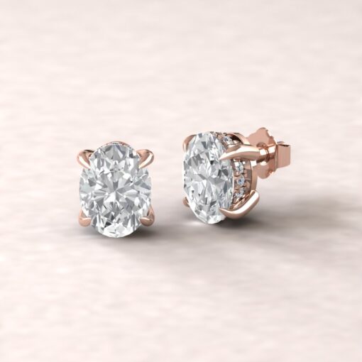 Oval Cut Lab Diamond Earrings Hidden Halo Claw Prongs Rose Gold LS5618