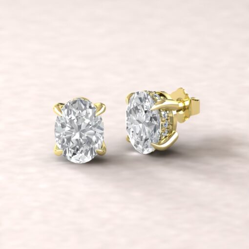 Oval Lab Diamond Earrings Hidden Halo Claw Prongs Yellow Gold LS5618