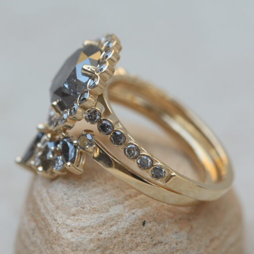 Salt and Pepper Ring Round with Matching Band 14k Yellow Gold LS6405