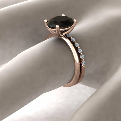Custom black blue sapphire solitaire ring in 14k rose gold with moissanite band - Image 7