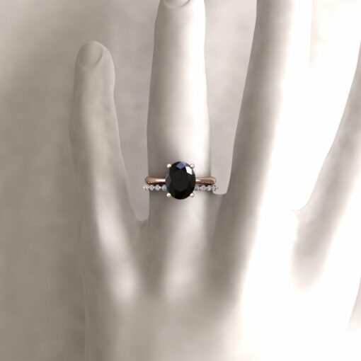Custom black blue sapphire solitaire ring in 14k rose gold with moissanite band - Image 12