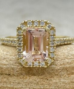 Emerald Cut Peachy Pink Morganite Engagement Ring Yellow Gold LS5881