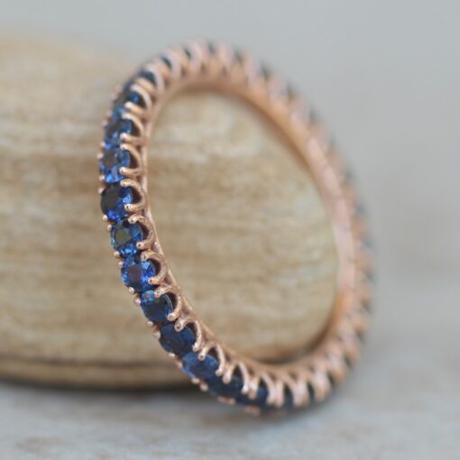 Eternity Round Blue Sapphire Petal Prong Wedding Ring Rose Gold LS6423