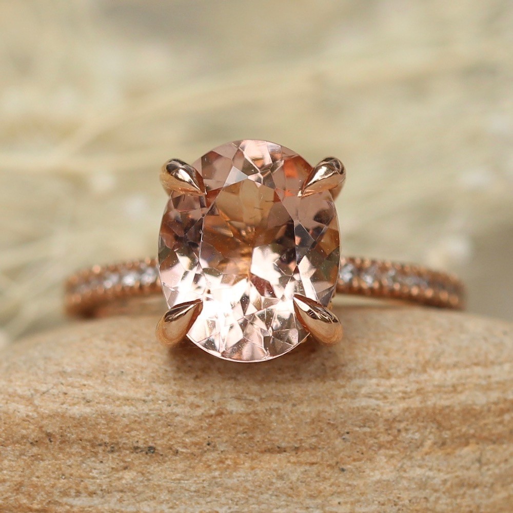 Oval Solitaire Morganite Engagement Ring, Fang Prongs Hidden Halo ⋆ ...