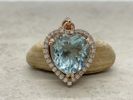 Custom Heart Cut Aquamarine and Diamond Necklace in Rose Gold - Image 2