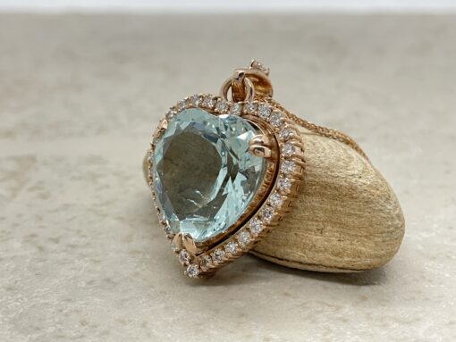 Custom Heart Cut Aquamarine and Diamond Necklace in Rose Gold - Image 3