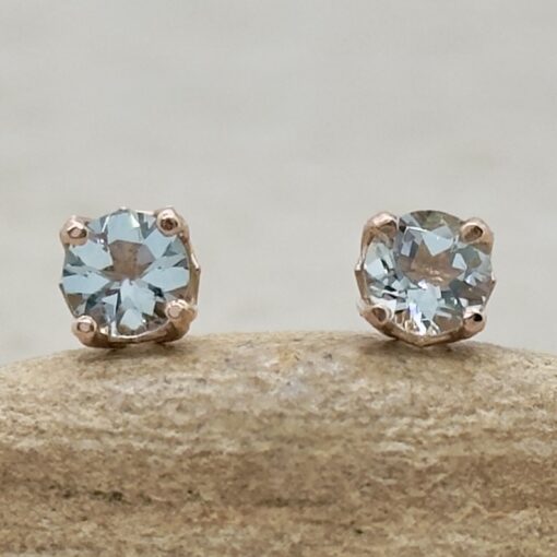 Bright Blue Round Aquamarine Earrings Flower Prongs Rose Gold LS6312