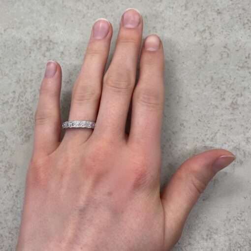 Diamond and Pink Sapphire Wedding Band Hand Shot 14k White Gold LS4310