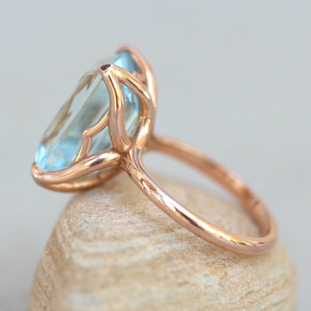 Emerald Cut Aquamarine Ring Lily Flower Petal Prongs Rose Gold LS6244